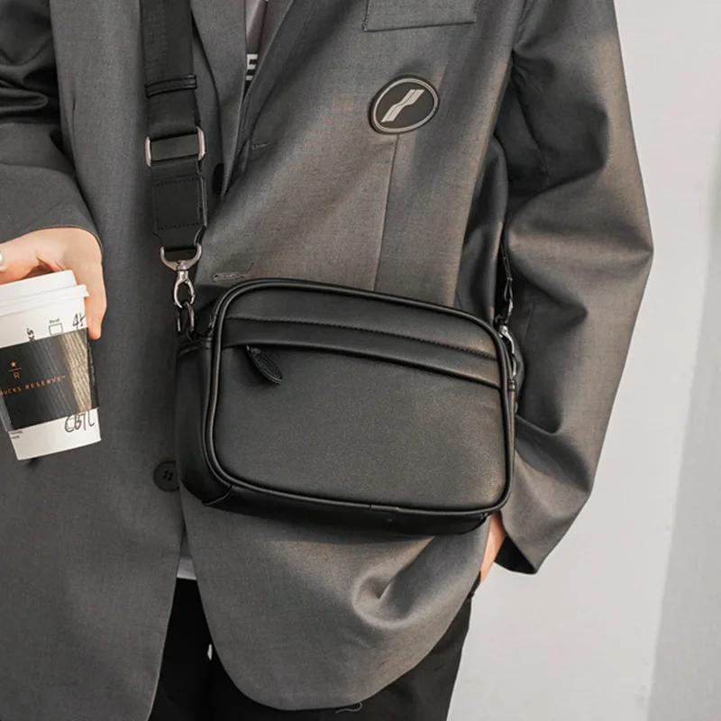 Fashi Men’s Messenger Bags PU Leather Solid Crossbody Bag Small Male Shoulder Handbag Black Chest Pack Phe Purse Bag for Men