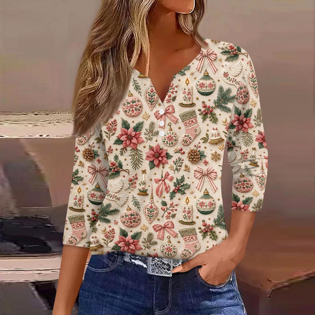Women's Fashion Casual Christmas Print V-Neck Button Three-Quarter Sleeve T-Shirt Top