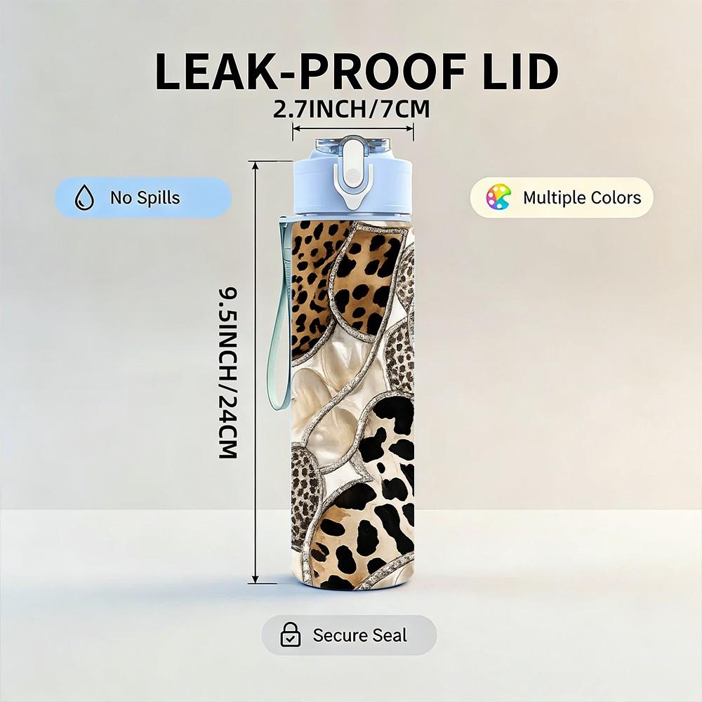 1PC Leopard Mixed Fur Pattern Print 750ml Color Plastic Sports Water Bottle Leakproof Flip Straw Lid Suitable for Sports Office Home Use