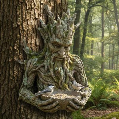 Bird Feeding Sculpture Multi-Purpose Ancient Tree Bird Feeder Resin Birds Feeding Station for Patio/Yard/Garden/Backyard/Balcony