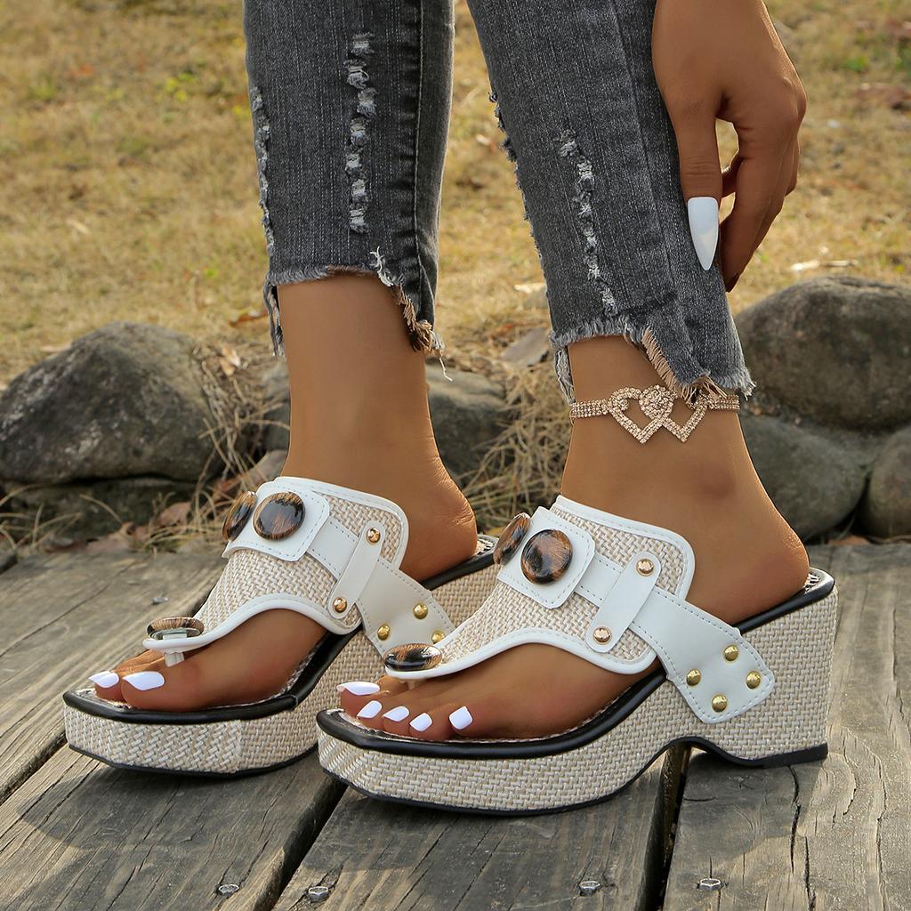 Fashion 2025 Women's large-sized flip-toe wedge sandals, summer thick-heeled metal buckle slippers, beach cool slippers