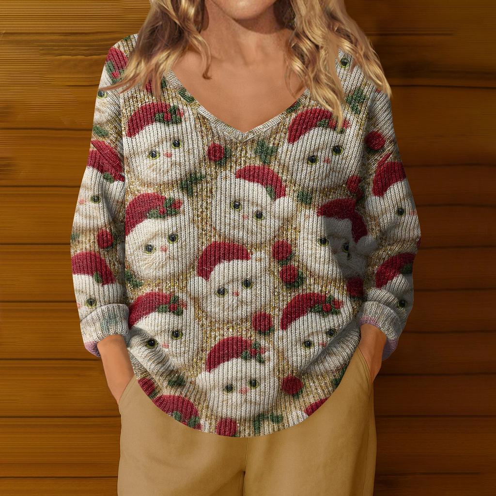 Women's Fashion Casual Long Sleeve Christmas Star Print V-Neck Top