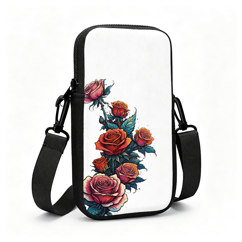 Vintage Rose Floral Print Crossbody Phone Bag, Aesthetic Botanical Art Small Shoulder Purse, Fashionable Christmas Gift Cell Phone Sling Pouch for Wom