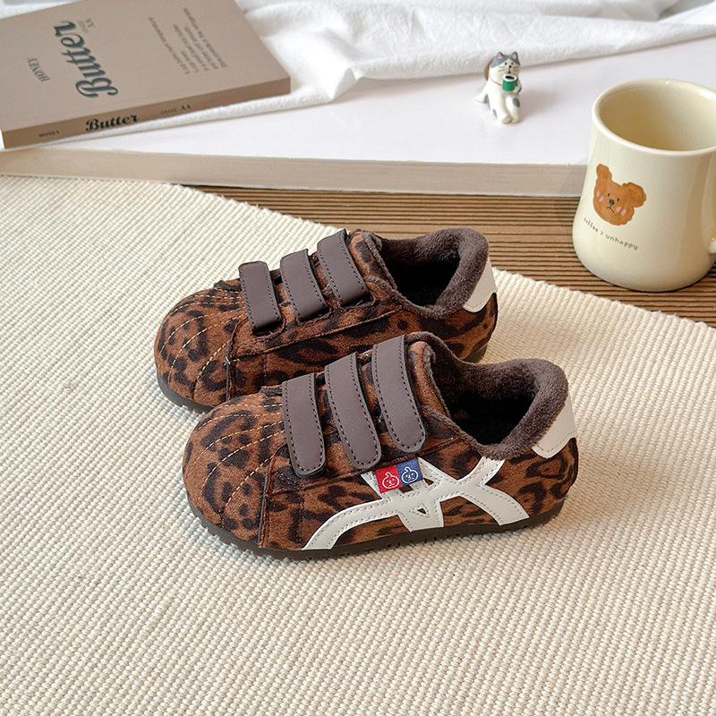 Children's cotton shoes for older kids, new autumn and winter models, girls' plush-lined non-slip leather panel shoes, boys' casual warm shoes