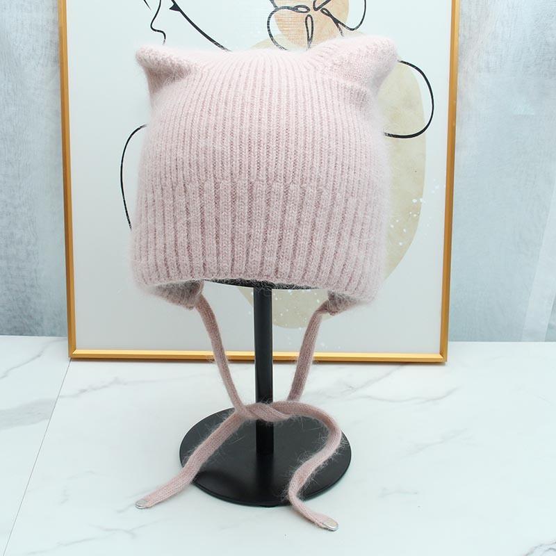 High-quality Cute Ear Protection and Warm Cat Ears Rabbit Hair Knitted Hat Autumn and Winter Double-layer Thickened Lace-up Windproof and Cold-proof