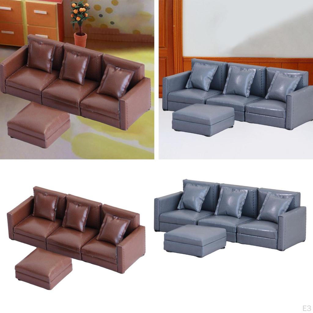1/12 Scale 3 Seater Sofa Mini Couch Model Realistic Pretend Play Photo Props DIY Accs with Footrest