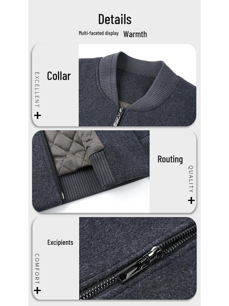 Men's Winter Wool Blend Stand Collar Short Jacket, Middle-Aged Casual Warm Thick Coat
