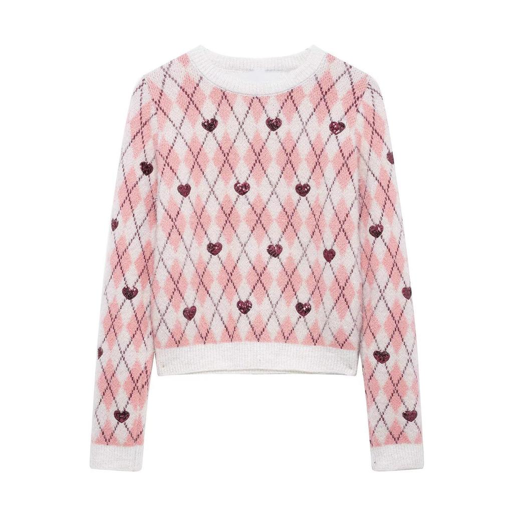 2025 Spring Women's Heart Jacquard Round Neck Knitwear