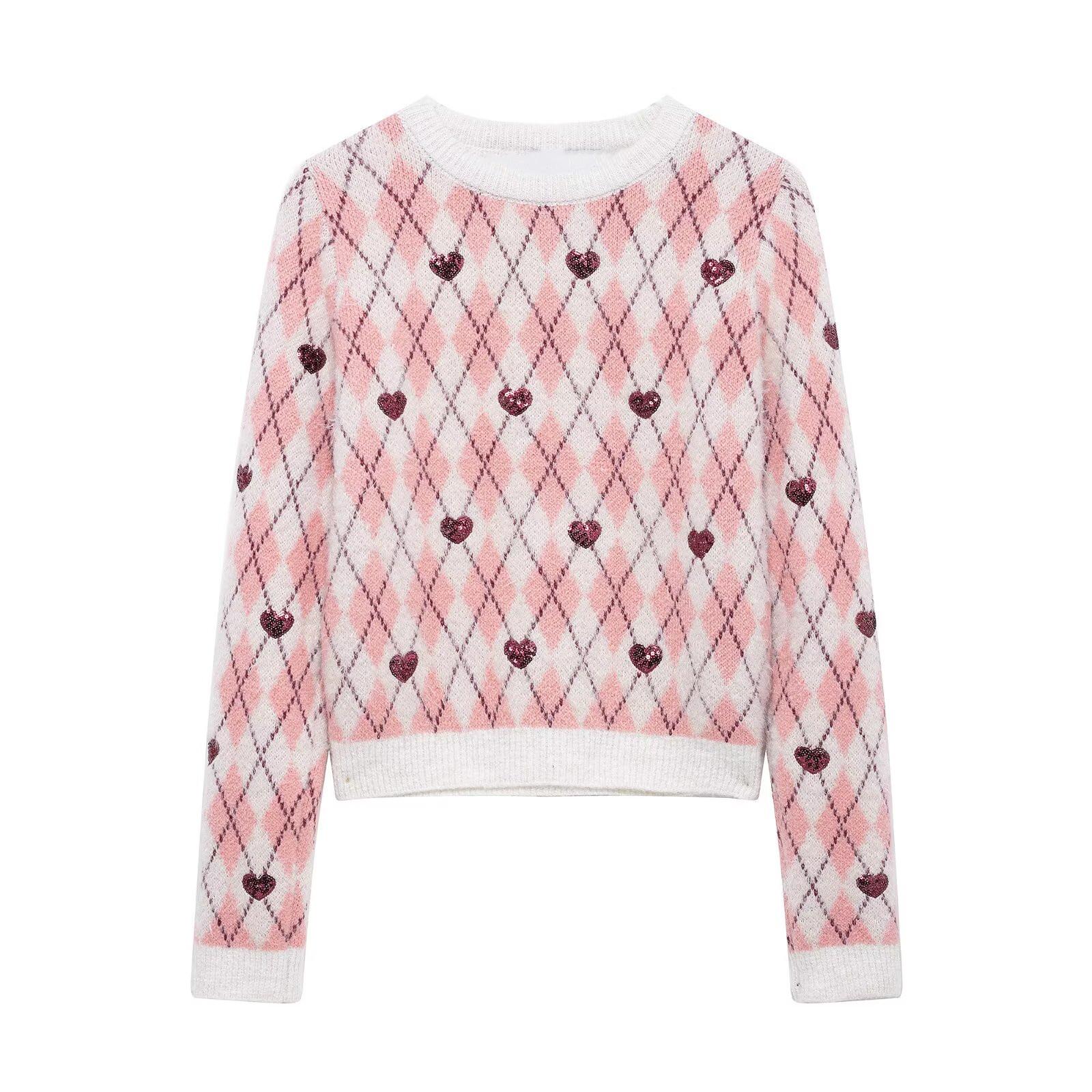 

2025 Spring Women s Casual Round Neck Heart Jacquard Knit Sweater Large розовый