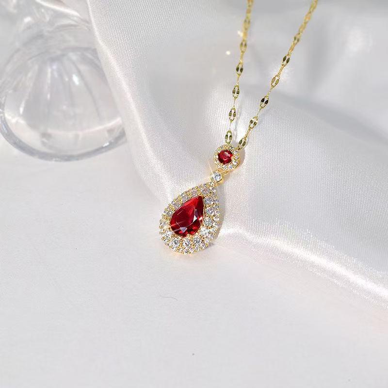 Zelený a červený náhrdelník v tvare kvapky vody pre ženy, Elegantný a jednoduchý prívesok s mikropavé výsadbou, Všestranný na živé vysielanie.