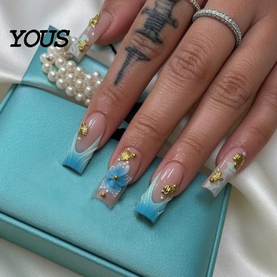 Travel Friendly Nails 24Pcs Summer Ocean Press on Nails, French Tip Flower Faux Pearl Stick-on Fake Blue Tips Salon Quality Long Glue False for Women