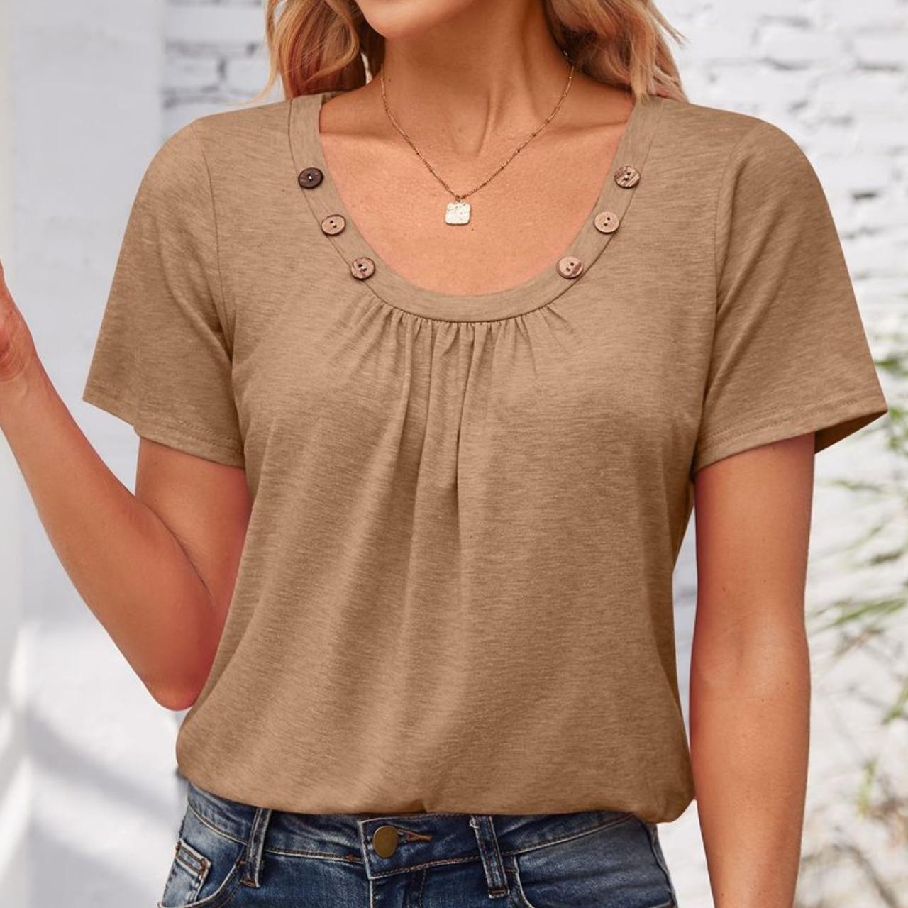 

GMXIA женские модные повседневные летние однотонные блузки и рубашки с короткими рукавами с застежкой и U-образным вырезом XXL хаки