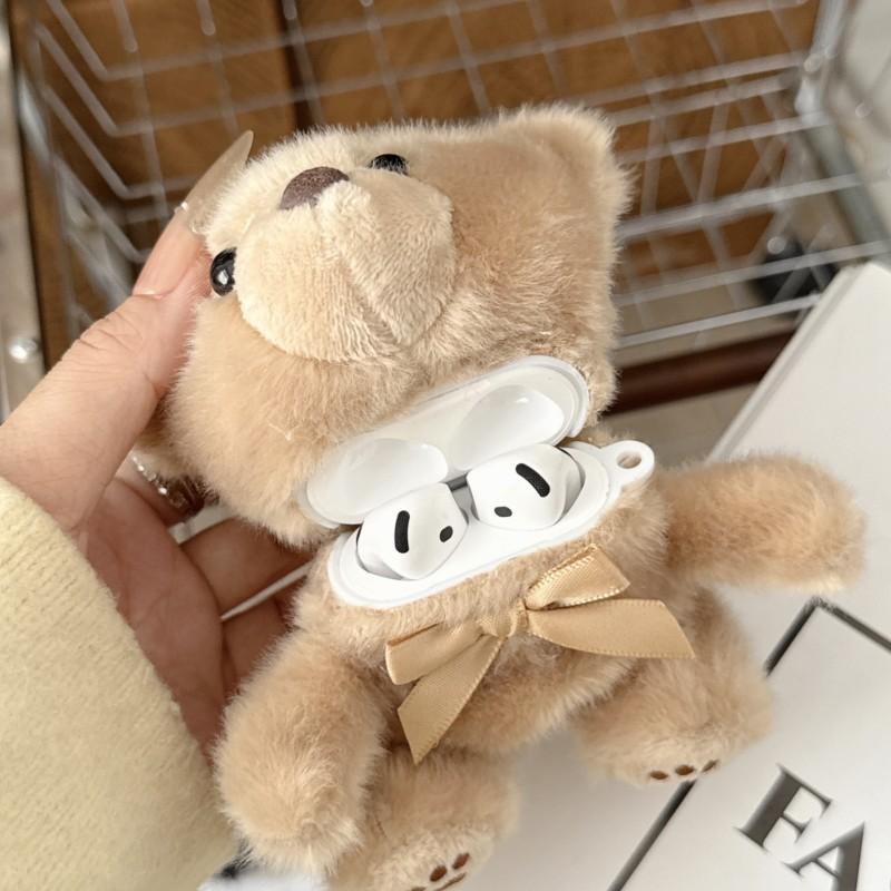 3D Fluffy Plush Bear For AirPods Case with Bow & Keychain Cute Shockproof Cover for AirPods 1 2 3 4 Pro Pro 2 Pro 3
