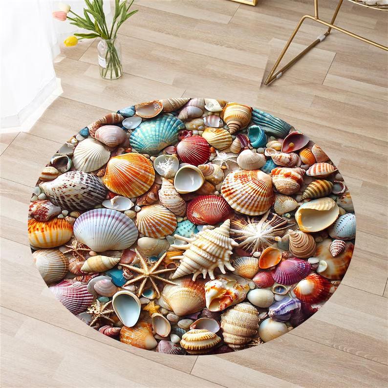 Bunter Muscheldruck Teppich Küstenkreis Wohnzimmerteppich Moderne Kunst Rutschfeste Fußmatte für Flur Wohnzimmer Schlafzimmer