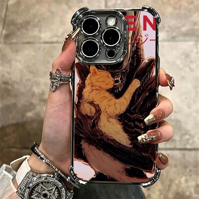 Cool A-Alien X-Xenomorph Plating Phone Case For Iphone 16 17 Pro Max Air 16E 14 15 Plus 12 13 Mini Anti-Fall Airabag Cover