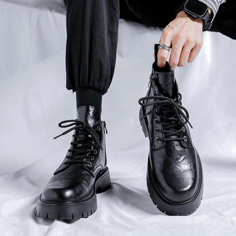 New Fashion Lace Up Casual Mens Boots Mens Thick Sole Ankle Boots Trendy Comfortable Mens Classic Black/Brown Motorcycle Boots