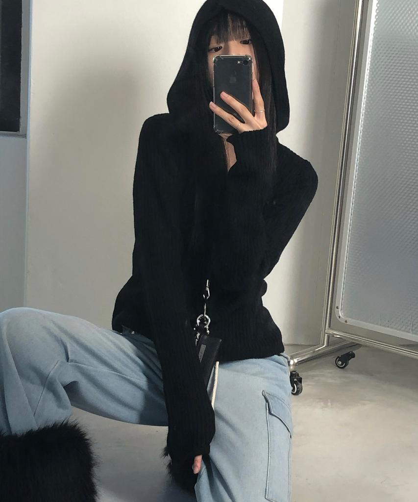 CHICKS Ribbed Slim Fit Hoodie Knit Black