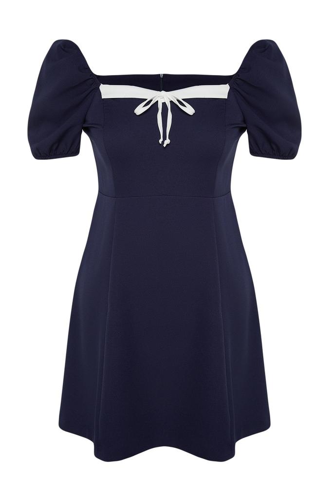 Women's Style Plus Size Navy Blue Woven Collar Detailed Dress