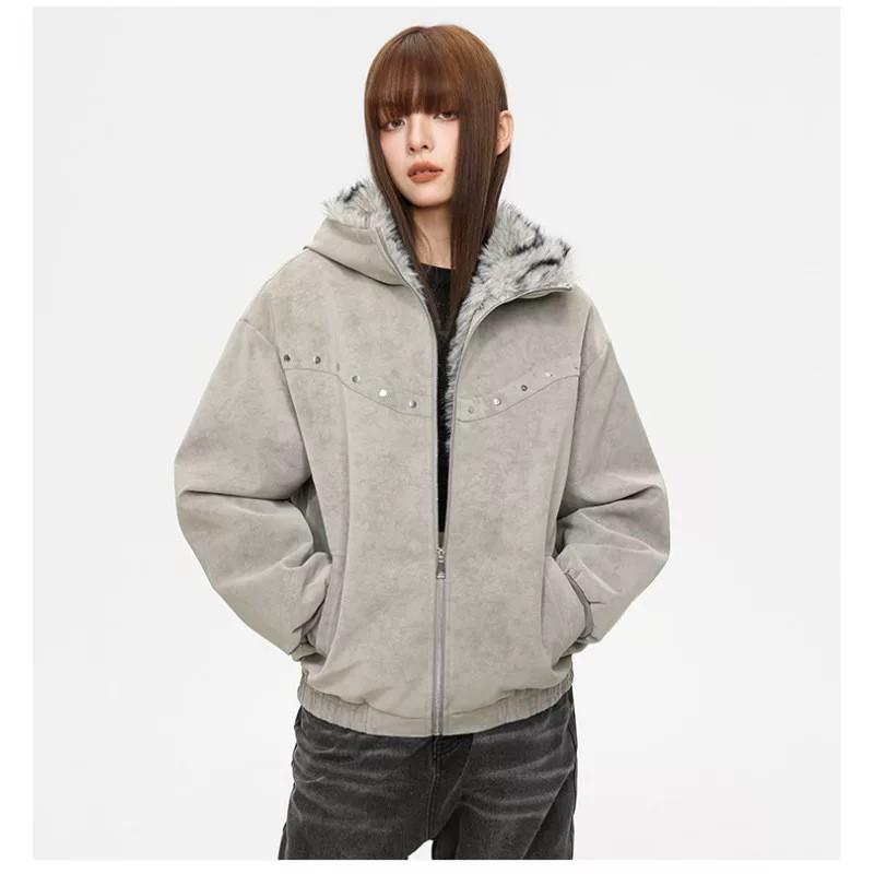Mens Hooded PU Leather Cotton Jacket Rivet Decor Winter Warm Loose Coat