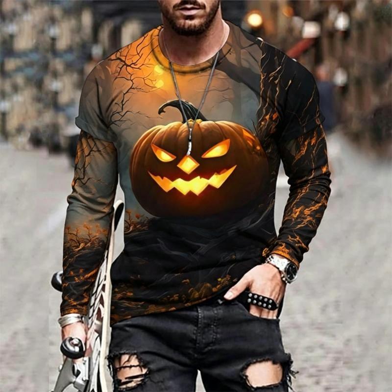 Men Halloween Long Sleeve T‑Shirt 3D Glowing Pumpkin Print Bat Moon Haunted House Horror Graphic Crew Neck Casual Party Tops