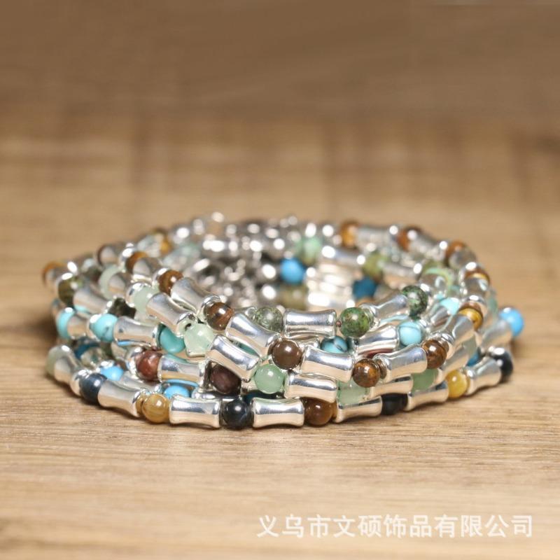Green Aventurine & Silver Bamboo Bracelet – Adjustable Dainty Jewelry, Growth Calm Gift for Women
