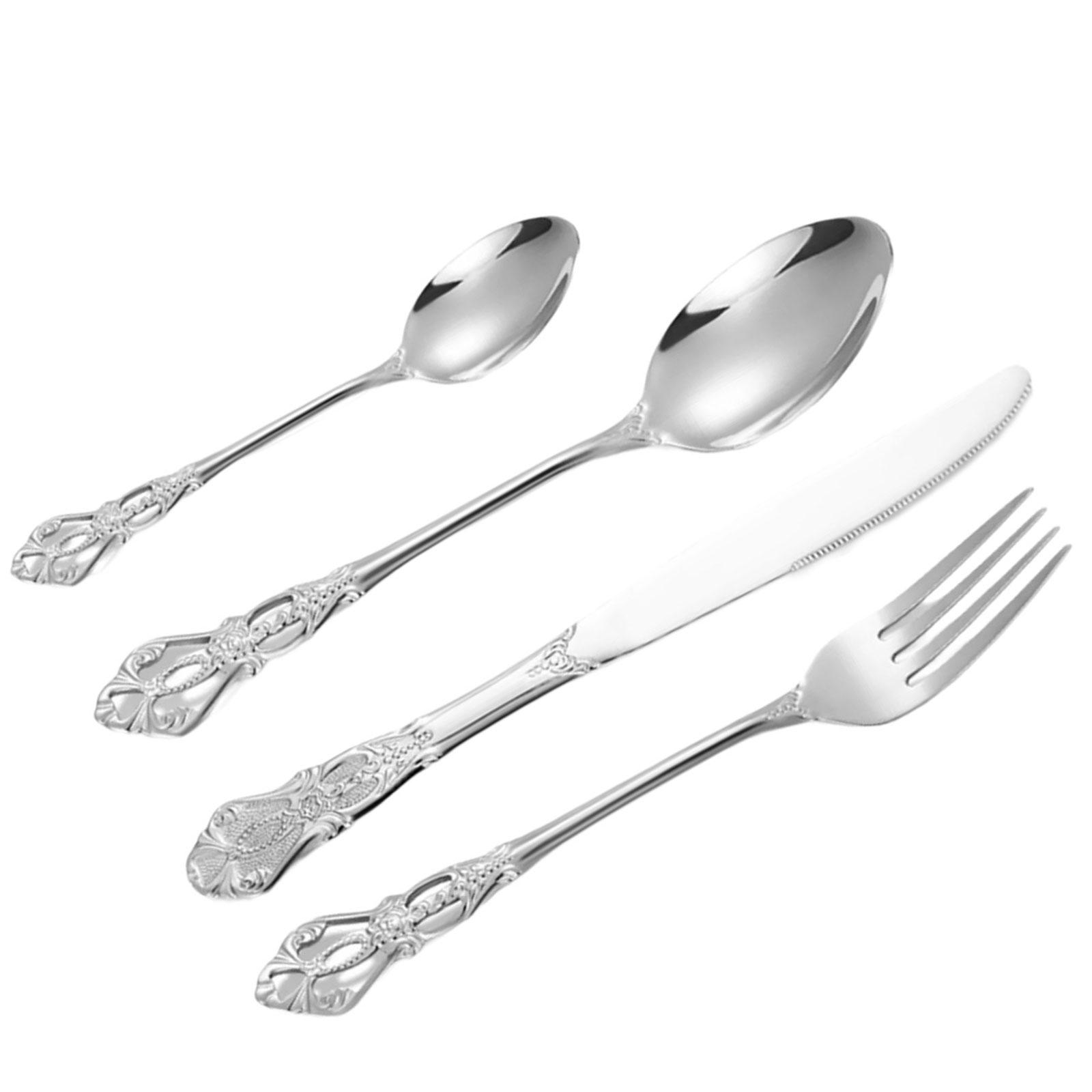 

Элегантный столовый набор из 4 предметов в дворцовом стиле из нержавеющей стали с зеркальной полировкой, включающий нож, вилку, ложку серебряный