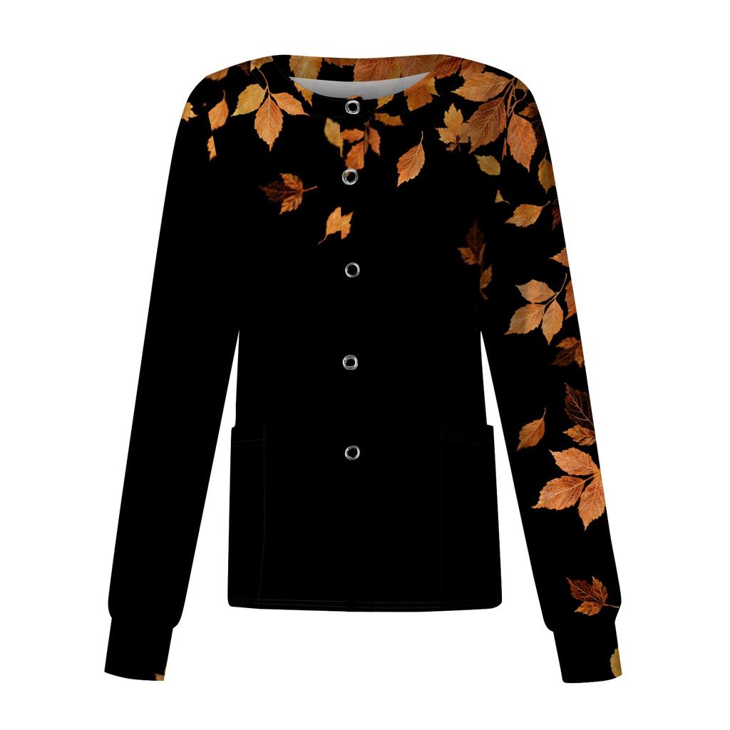 Women's Casual Long Sleeve Leaf Floral Print Single-Breasted Cardigan for Caregivers