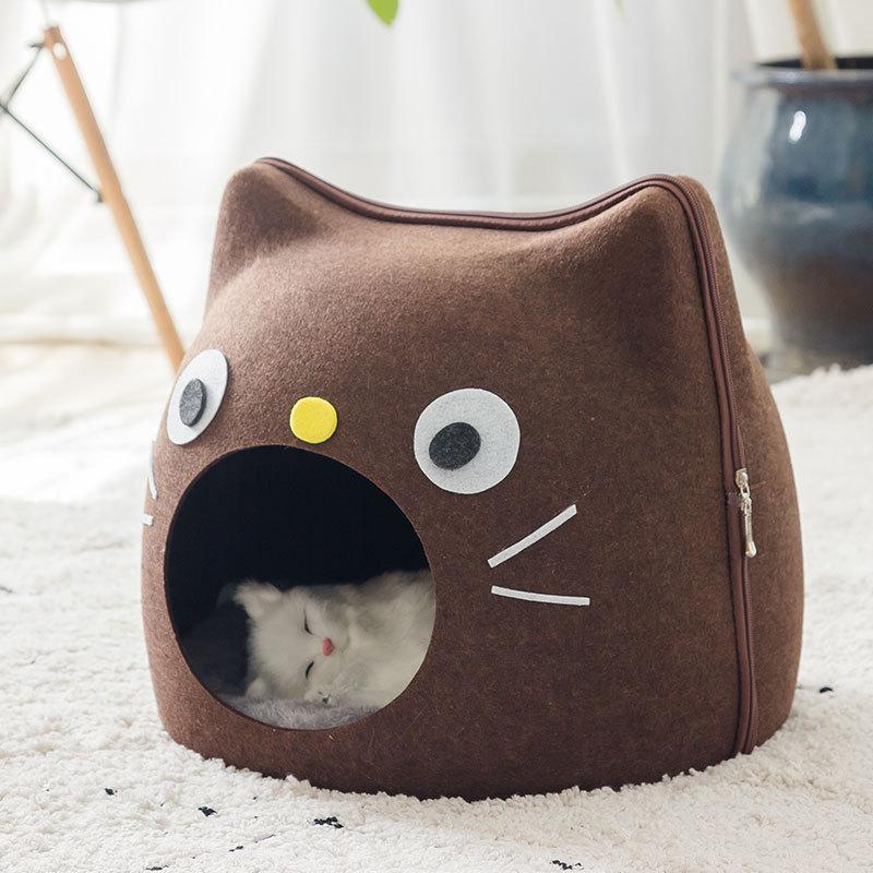Cute Felt Cat Shape Bed Cats Semi Enclosed House for Cats Cartoon Sturdy and Non Collapsing Puppy Kitten Bed Pet Supplies Gifts