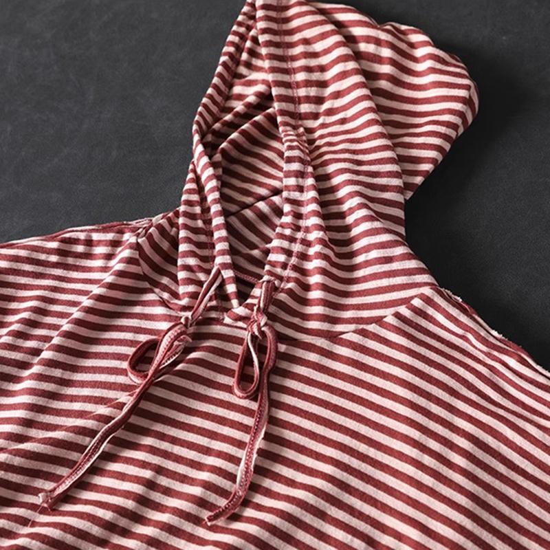 Women Long Sleeve Hooded T-shirts New 2025 Spring Simple Style Vintage Striped Loose Female Casual Cotton Tops Tees M1334