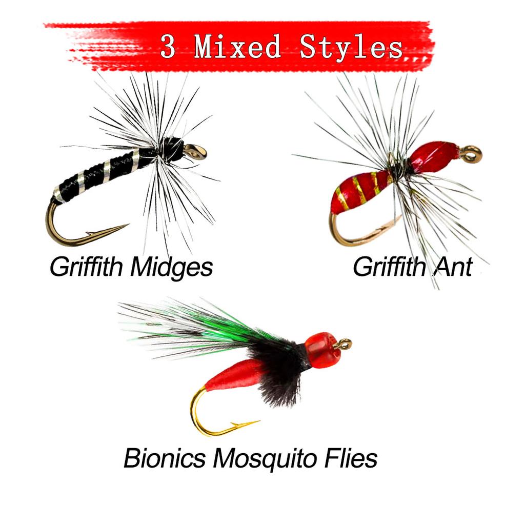 9Pieces/Box Mini bait fly hook, Mosquito Flies, Griffith Midges and Griffith Ant Fly Fishing Bait-Fishing for Trout/Perch-3 Mixed Styles-Hook Size #14
