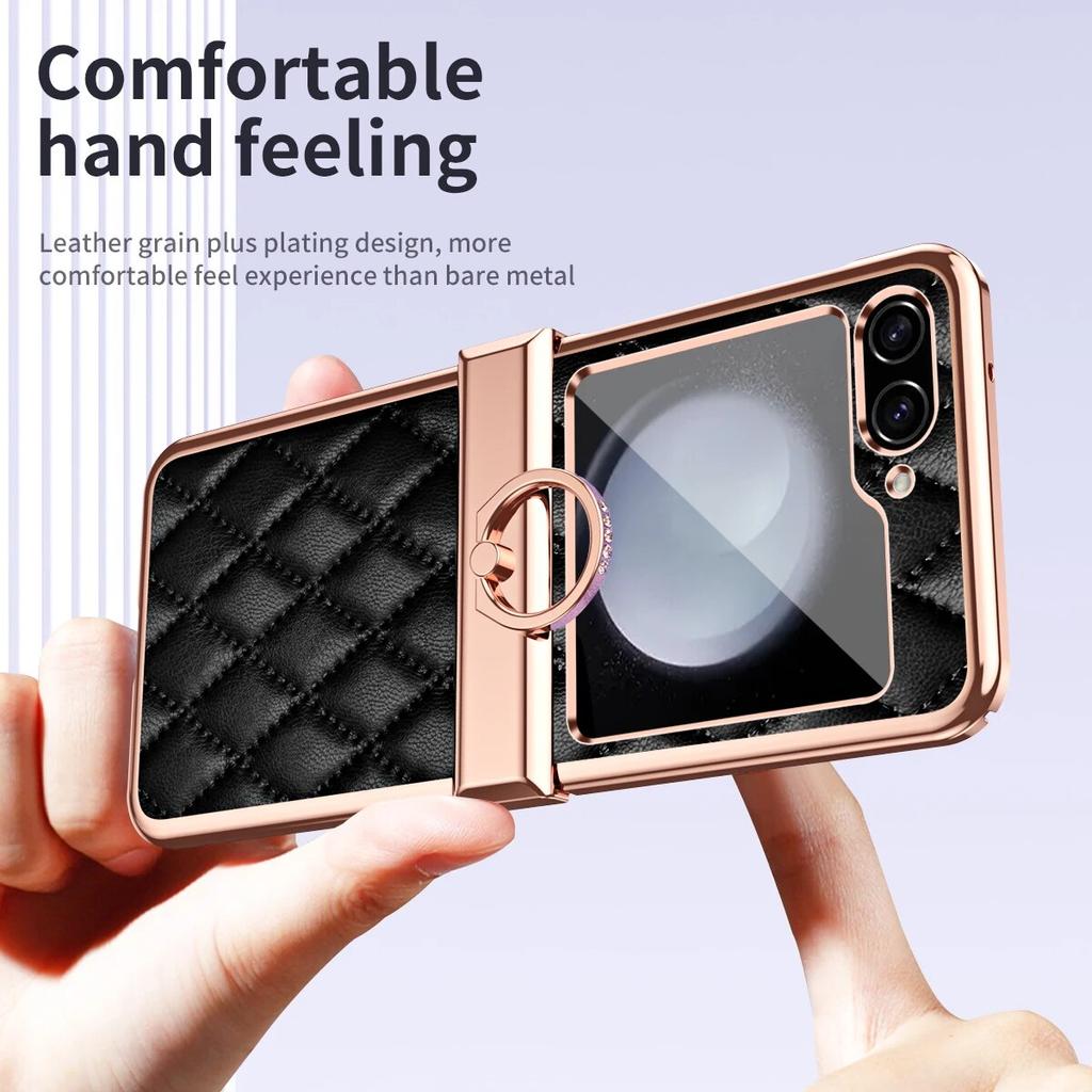 Ring Holder Hinge Protection Leather Case for Samsung Galaxy Z Flip 5 4 3 5G Small Fragrant Wind Shockproof Cover