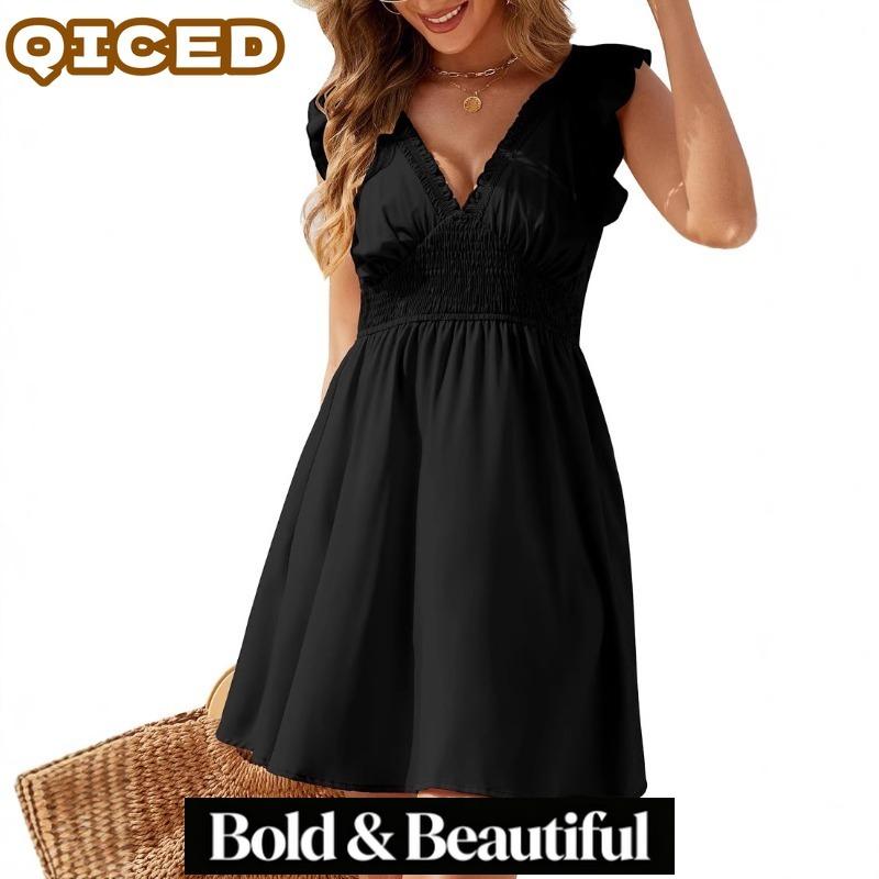 QICED Women's Fashion Summer Spring Solid Color Print V-Neck Sleeveless Casual Dresses