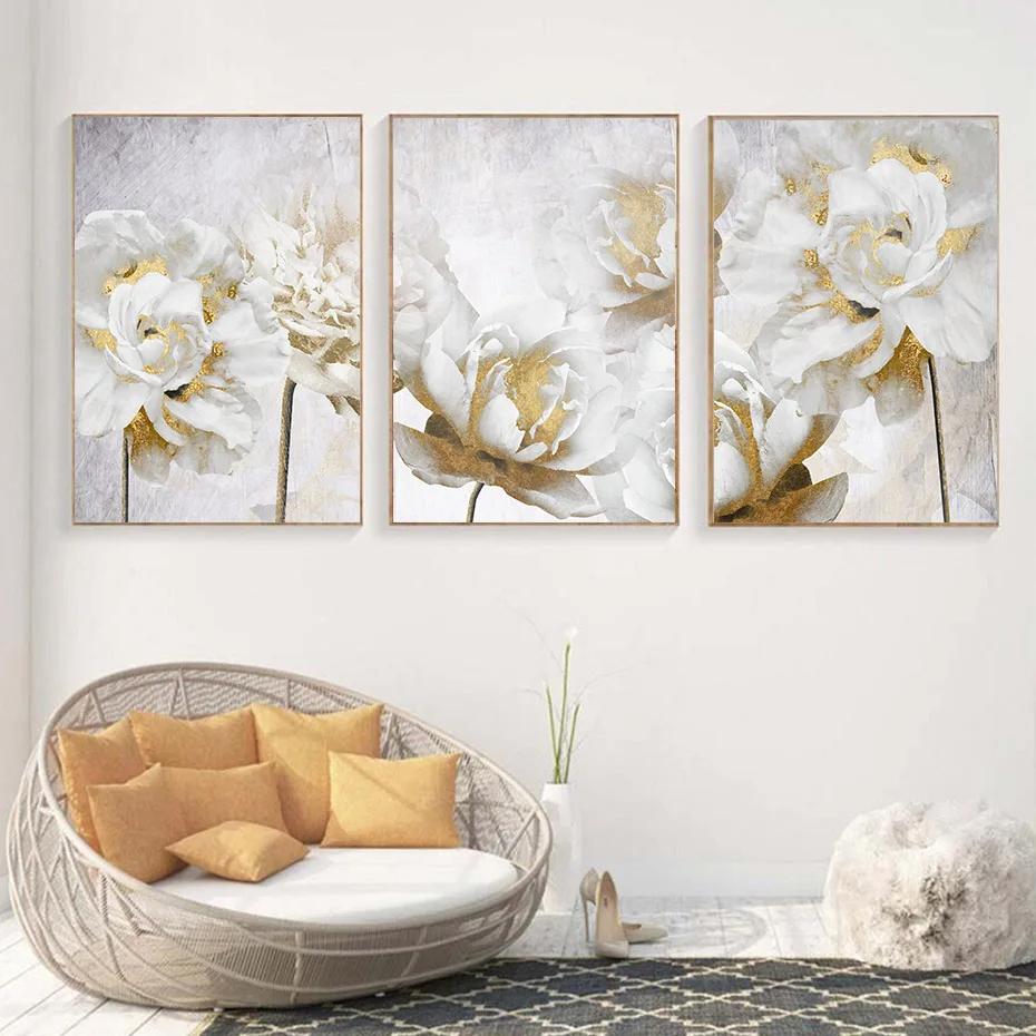 Abstrakte Gold Weiß Blühende Blumen Wand Kunst Poster Leinwand Malerei Drucke Bilder Moderne Wohnzimmer Interior Home Decor