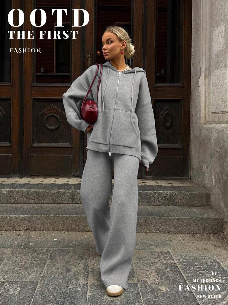 European & American 2026 Autumn/Winter New Zipper Hooded Knit Cardigan Wide-Leg Pants Lazy Style Two-Piece Set
