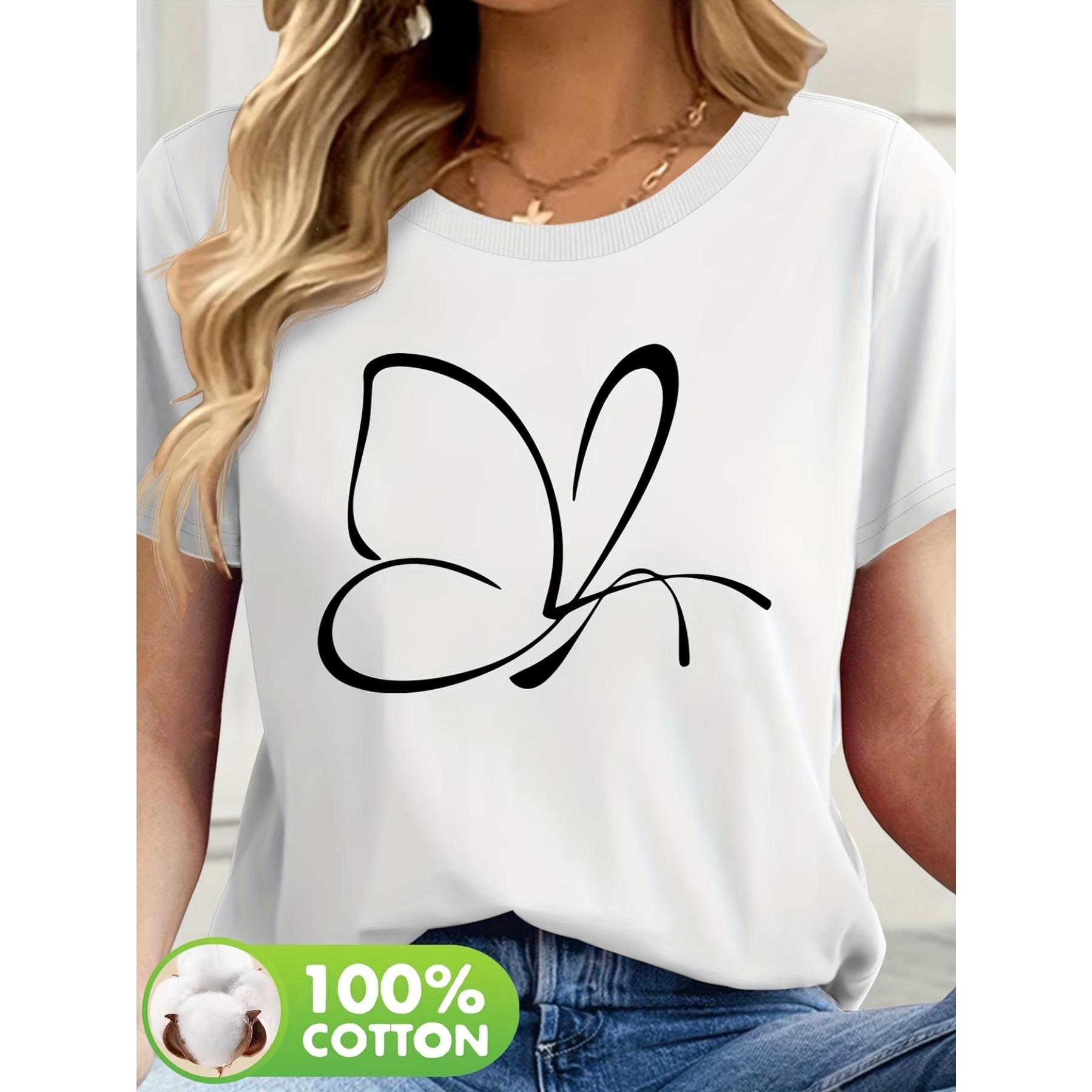 

Women s Butterfly Print Casual T-Shirt - Soft Round Neck Short Sleeve Top, Machine Washable Spring/Summer Everyday Essential S белый