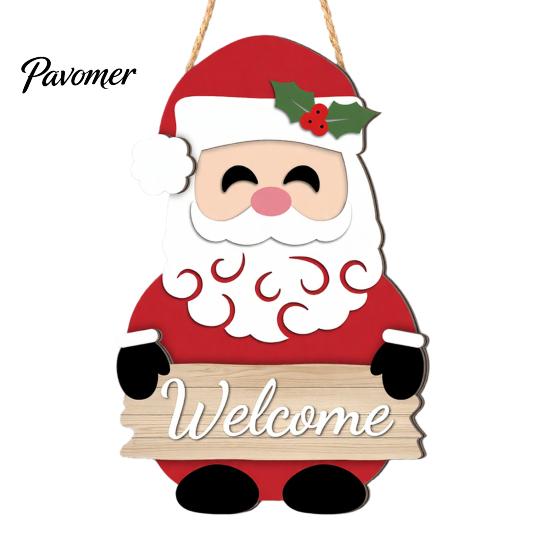 Vintage Style Xmas Sign Christmas 2D Wooden Welcome Hanging Sign, Cartoon Santa Snowman Tree Winter Seasonal Home Ornament Door Hanger with Rope, Wall