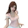 New Summer Bow Lace Edge Pink Sweet Spice Girl Short Bubble Sleeve Short Sleeve T-Shirt Top Women