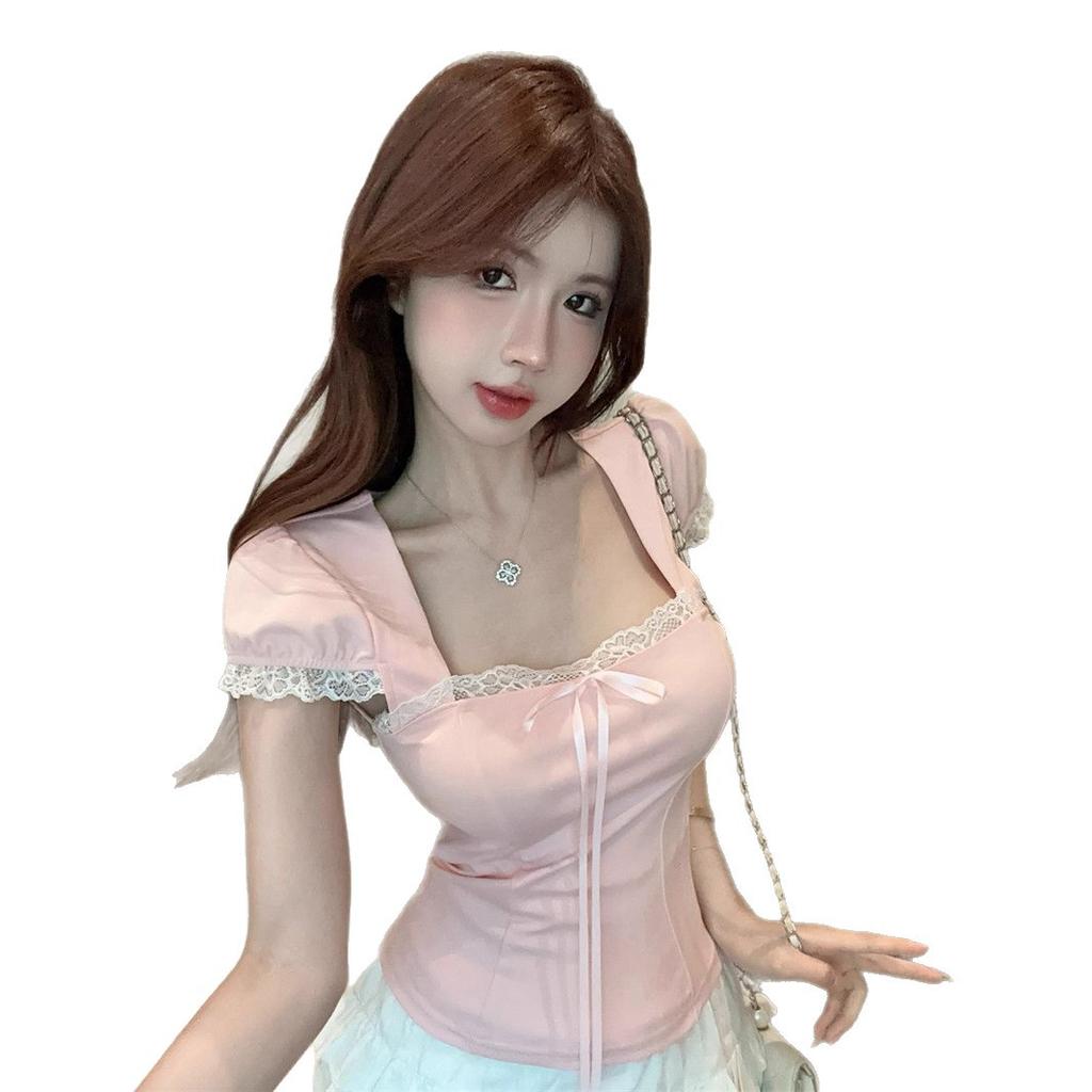 New Summer Bow Lace Edge Pink Sweet Spice Girl Short Bubble Sleeve Short Sleeve T-Shirt Top Women