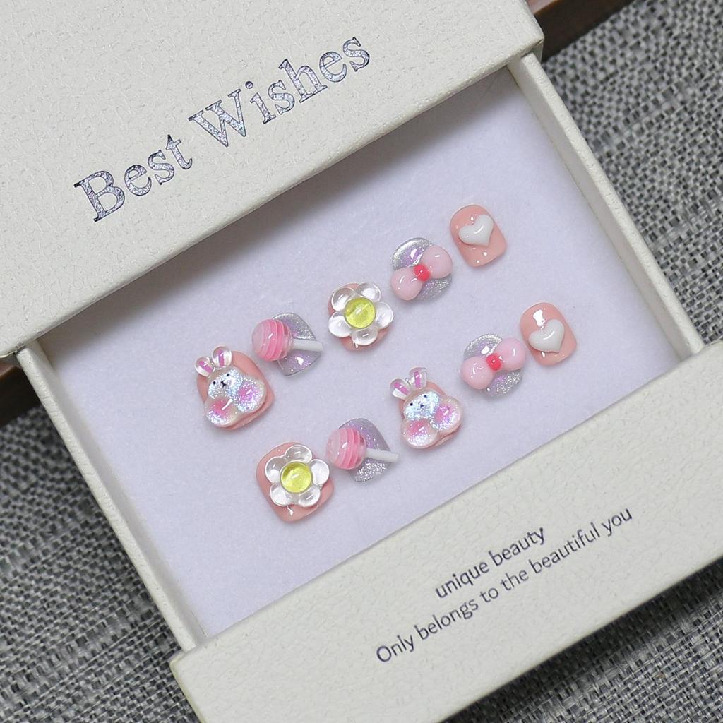 Kids' Handmade Wearable Nail Art Stickers - Cute Cartoon Bow Knot Removable Fake Nail Tips