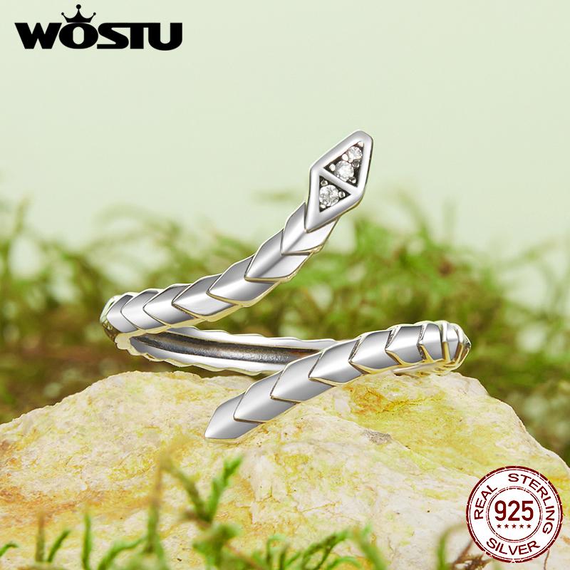 WOSTU Real 925 Sterling Silver Vintage Snake Open Ring For Women Green Zircon Animal Stackable Party Rings Birthday Jewelry Gift