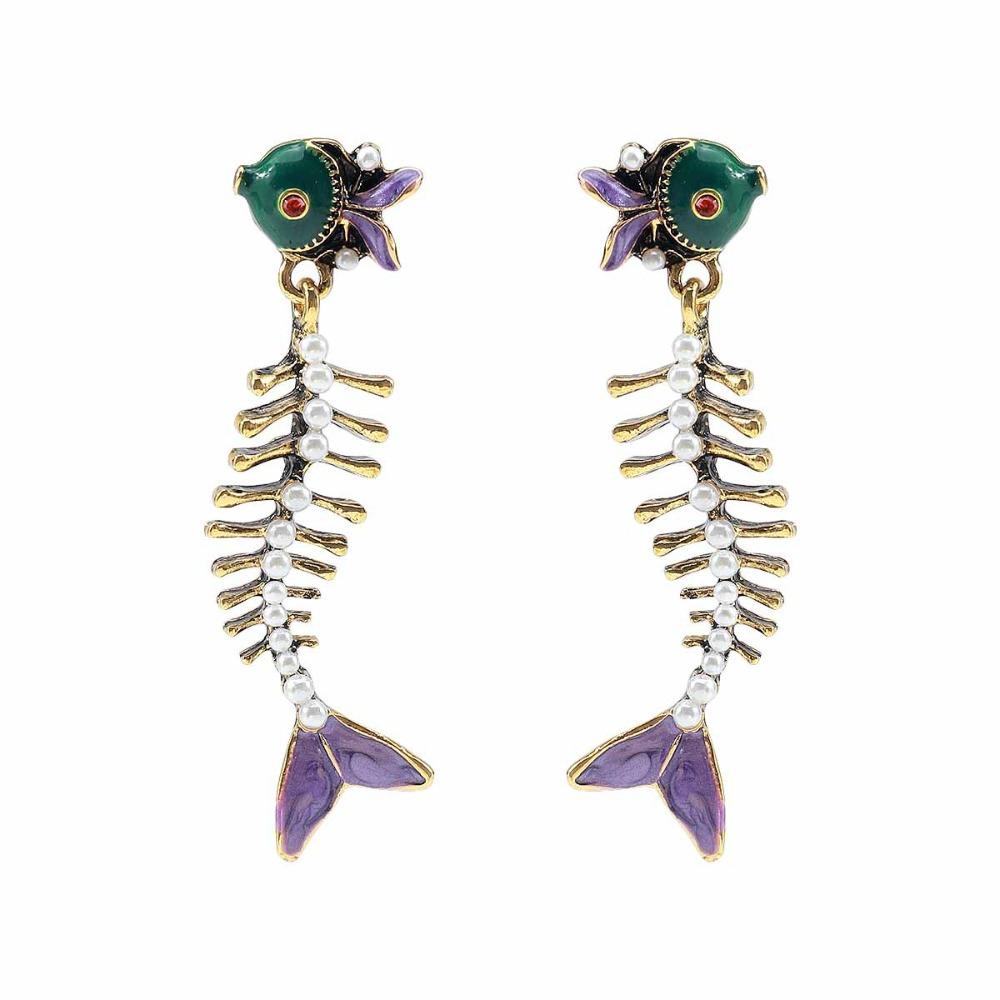 Fish Enamel Fishbone Dangle Earrings Creative Bohemian Dangle Earring Gift фиолетовый