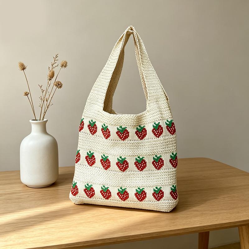 Shoulder Bag For Women Summer Strawberry Knitted Tote Bag Lightweight Travel Minimalist Shopper Hand Bag