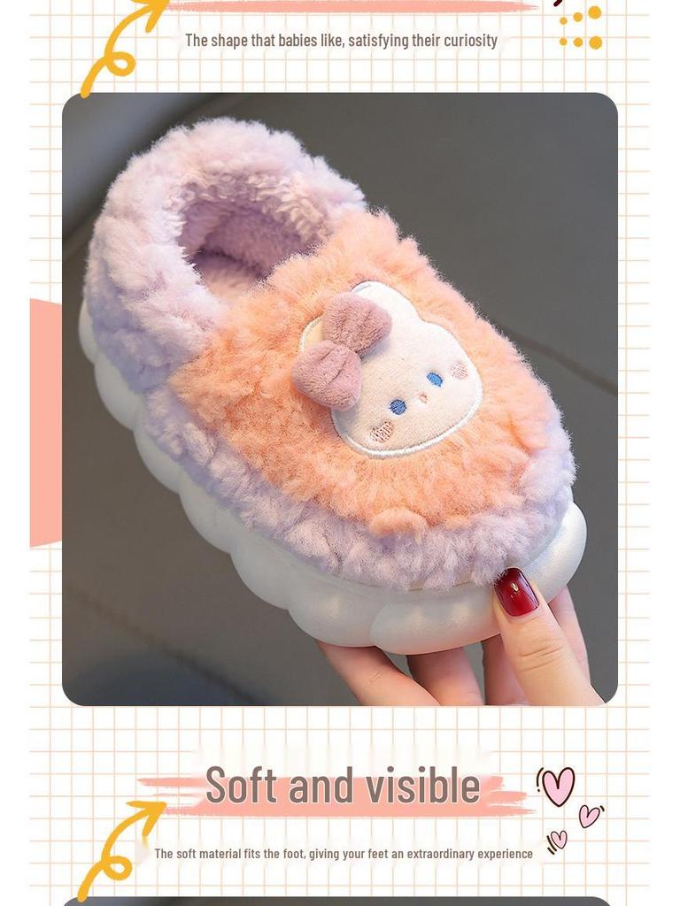 Winter Kids' Cotton Cartoon Slippers – Non-Slip, Plush, Closed-Back for Boys, Girls & Parent-Child Matching