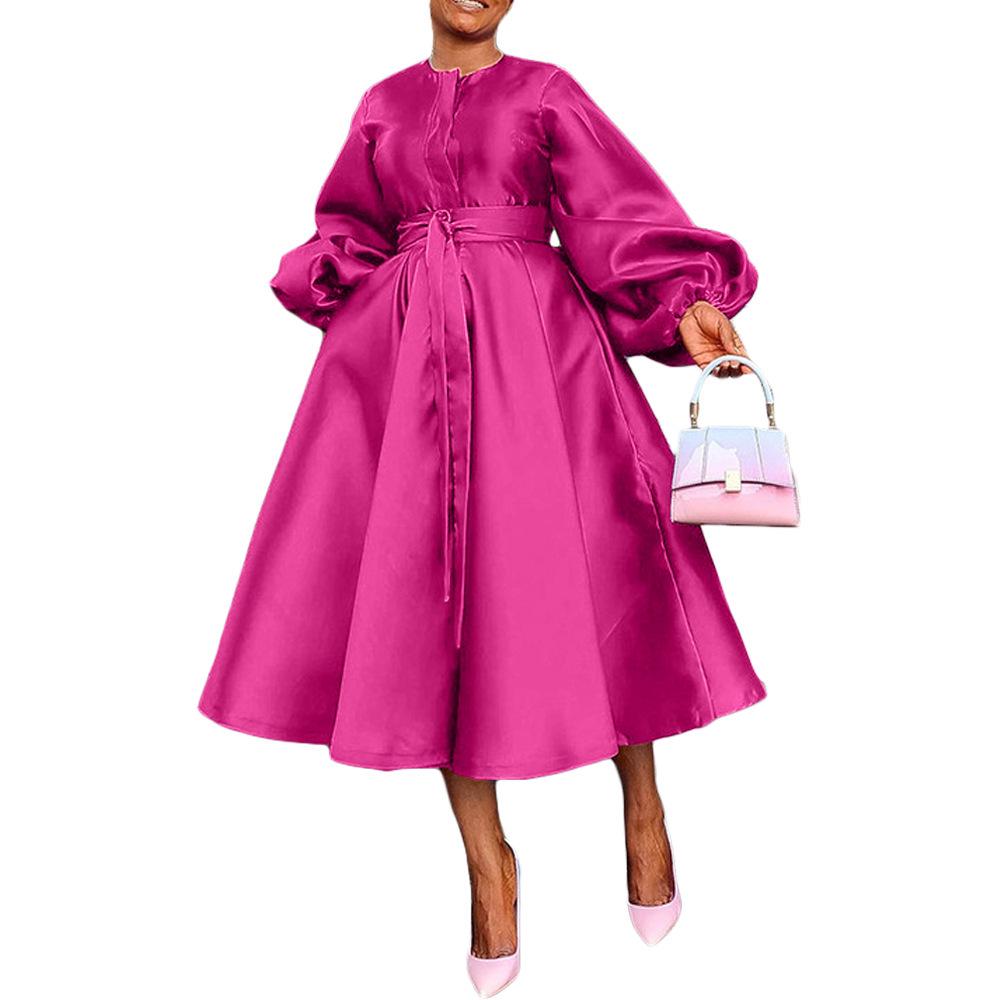 BN311 Vestito da Donna Europeo e Americano a Manica a Lanterna, Monocolore - Lucido, Vestibilità Larga, Collezione Autunno/Inverno