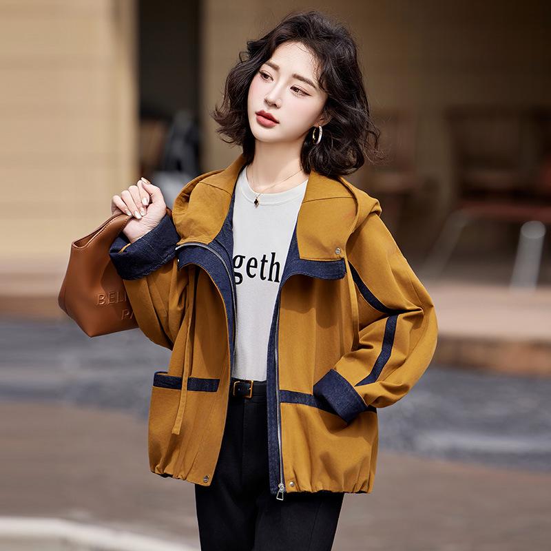 2025 Spring Women's Color Block Hooded Twill Cotton Jacket GE2513