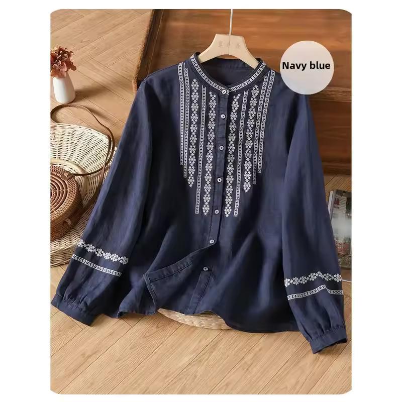 Women's Retro Artistic Embroidered Cotton Linen Stand Collar Loose Long Sleeve Women's Shirt Spring Style Top