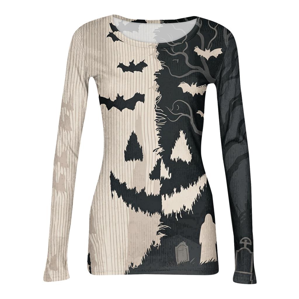 Women Halloween Print Long Sleeve Slim Fit Crew Neck Base Shirt Stretchy Ribbed Fabric Casual Top for Autumn and Winter