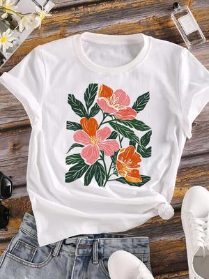 (Asian Size) Clothing T Shirt Cartoon Flower Cute Fashion Ladies Casual Women Tee Top Short Sleeve Print Lady Female Graphic T-shirts