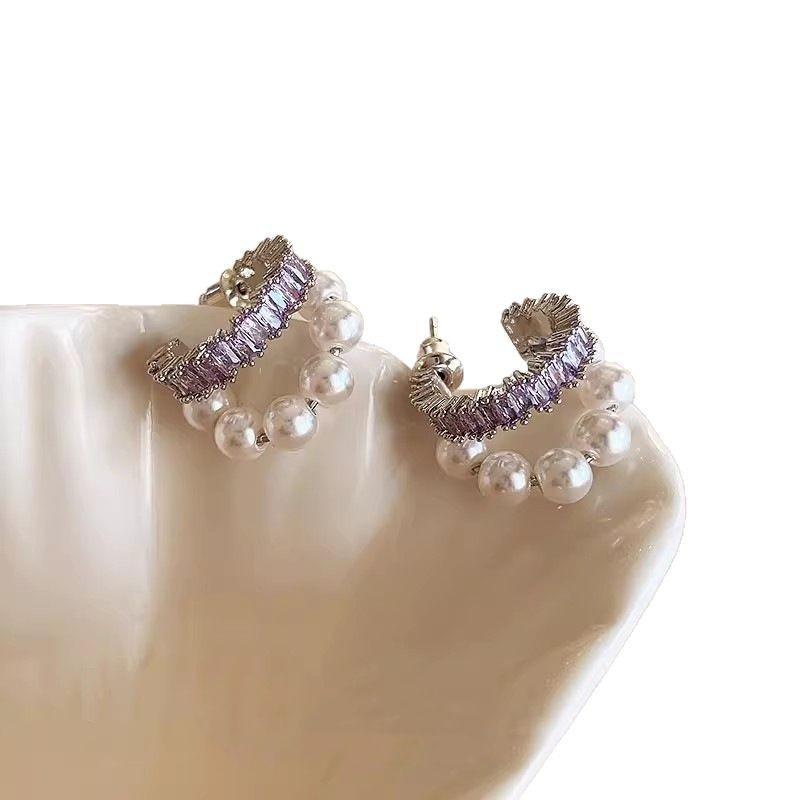 Lilac Purple Pearl Zircon Hoop Earrings Elegant Light Luxury Women S Jewelry