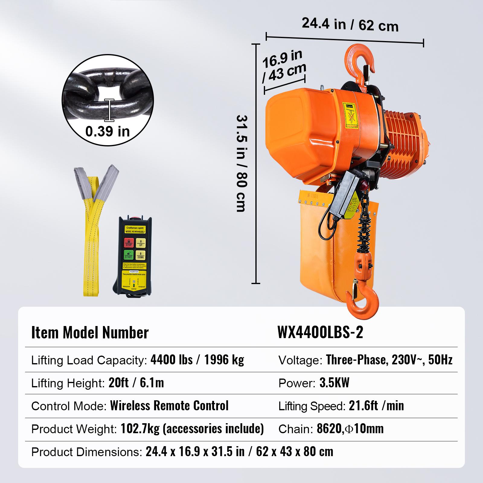 

Беспроводная электрическая цепная таль SucceBuy 4400 фунтов с цепью G100, высота подъема 20 футов, защита IP54, трехфазный мостовой кран
